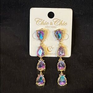 Chic & Chic Pink and Blue Holographic Crystal Teardrop Dangle Earrings Gold Tone